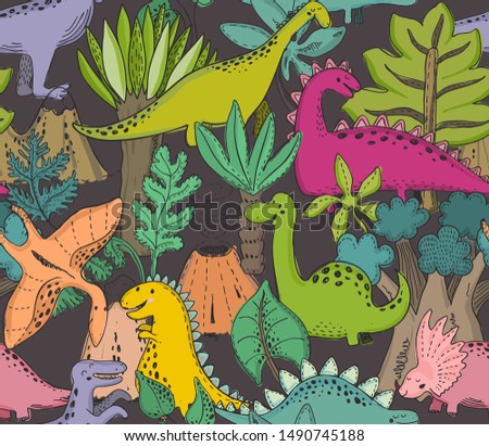 Vector seamless pattern with hand drawn dinosaurs and tropical leaves and flowers.  Cute dino design.