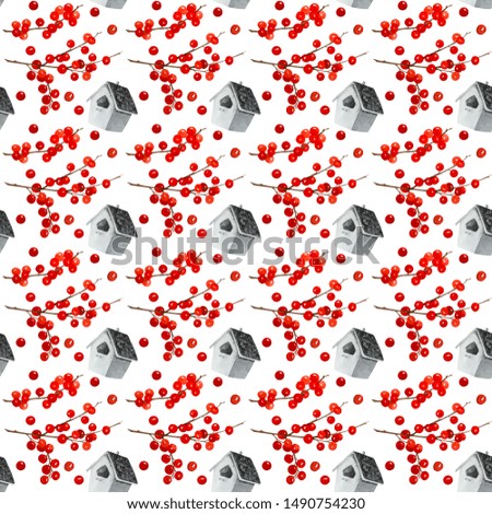 seamless pattern of birds house and red berries. For invitations cards. For t-shirt design. For the design of chancellery. Print for fabric. Decorative ornament for home textile. 
