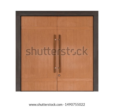 Large wooden double door isolated on white background, modern entrance hall doorway with wood texture style interior Royalty-Free Stock Photo #1490755022