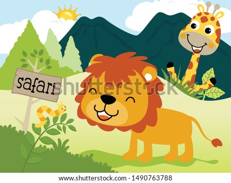 Funny animals cartoon in forest. Cute lion with giraffe and caterpillar