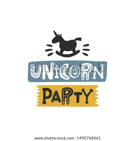 Unicorn party colored lettering with rocking horse. Baby vector stylized typography. Kids print. Hand drawn phrase poster, banner, sticker design element for nursery