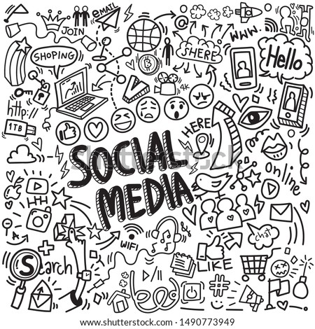 vector of objects and symbols on social media element, doodles sketch illustration Royalty-Free Stock Photo #1490773949
