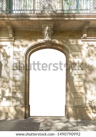 Elements of architectural decoration of buildings, arches and columns, door and window openings, plaster patterns and stucco molding. On the streets in Barcelona, ​​public places.