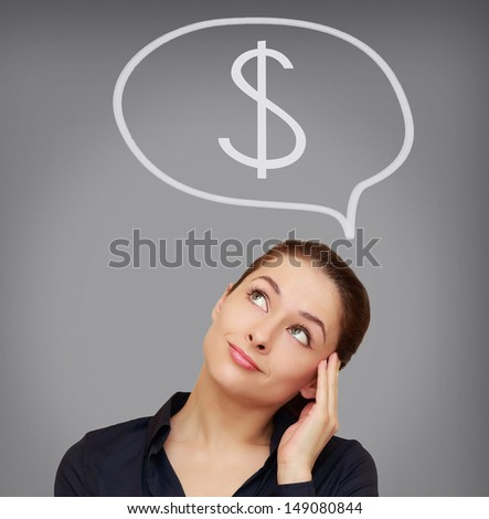 Business woman thinking about dollar currency on grey background