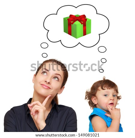 Happy mother and baby girl thinking about present gift in bubble isolated on white background