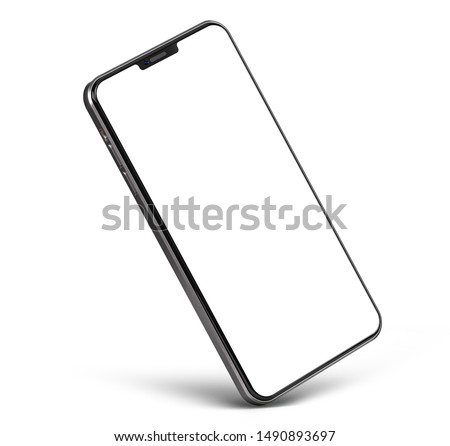 Smartphone big and small modern frameless design blank screen isolated,  standing on corner - template mockup Royalty-Free Stock Photo #1490893697