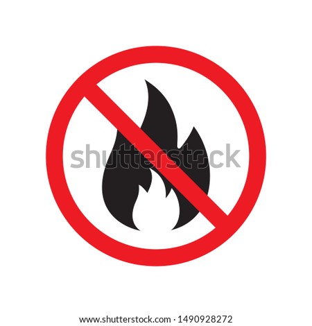 Vector flat black fire icon crossed in red circle. No fire sign isolated on white background