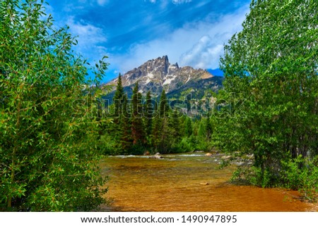 Cottonwood Creek  with view of the Teewinot Mountain.