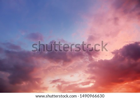 Dramatic atmosphere panorama view of artistic colorful twilight sky and clouds in tropical summer season.