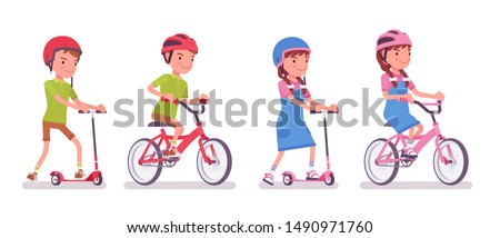 Boy, girl child 7 to 9 years old, school age kid riding a kick scooter, bike. Active fun and outdoor recreation with sport vehicle. Vector flat style cartoon illustration isolated on white background Royalty-Free Stock Photo #1490971760