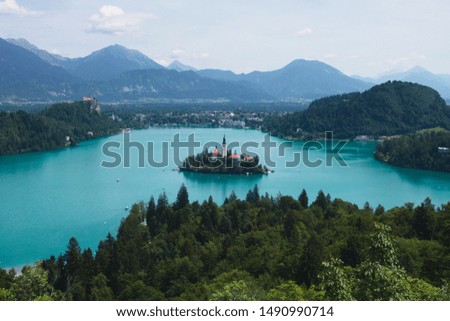 A view of Lake Bled in the summer from a nearby lookout point