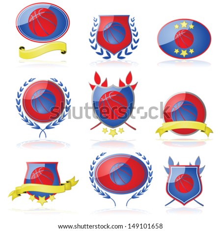 Set of vector shields and badges showing a basketball