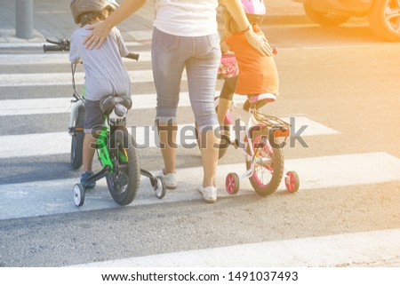 Mother goes pedestrian crossing with children on bicycles. A woman with children crossing the road in the city. Back view.                               