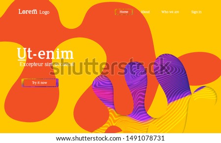 Abstract universal web template with simple wavy shapes and cut out paper with shadow over striped background. Social media web banner. Bright colored isolated.