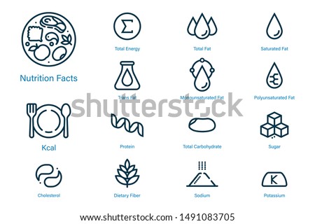 Nutrition facts icon in outline style suitable for label modern product and content. Symbols of common nutrients food products. Royalty-Free Stock Photo #1491083705