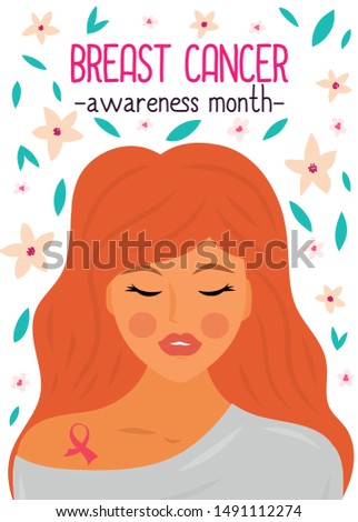 Woman portrait with pink ribbon - symbol of breast cancer.  Breast cancer awareness month poster. Breast cancer banner. 
