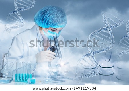 The concept of research and DNA testing . The laboratory is conducting a study of medical samples. Royalty-Free Stock Photo #1491119384