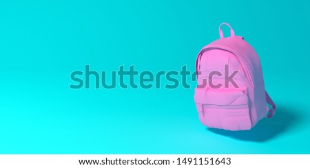 3d render.Back to school. Banner for the school. Pink briefcase on a blue background. Minimalistic background. School bag. Modern. Bag on a blue background.