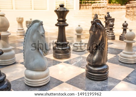 Large chessboard for playing on the street. Chess pieces: Queen, Knight, Elephant, Rook, Pawn.