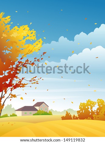 Vector illustration of a beautiful autumn scenery with golden fields and tree