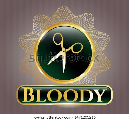  Gold emblem or badge with scissors icon and Bloody text inside