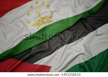 waving colorful flag of palestine and national flag of tajikistan. macro