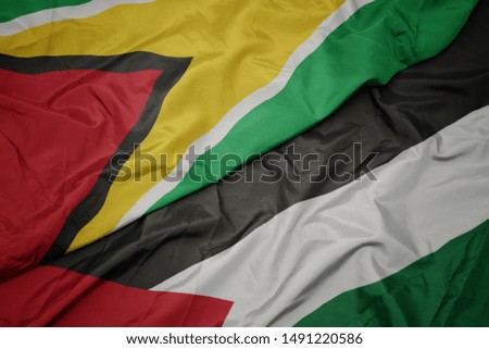 waving colorful flag of palestine and national flag of guyana. macro