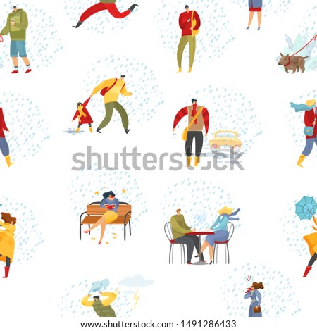 Autumn clothes and outfit people seamless pattern. In the rain walking with dogs a coffee date couple in love drinking coffee splattered with car man on a white background. Vector