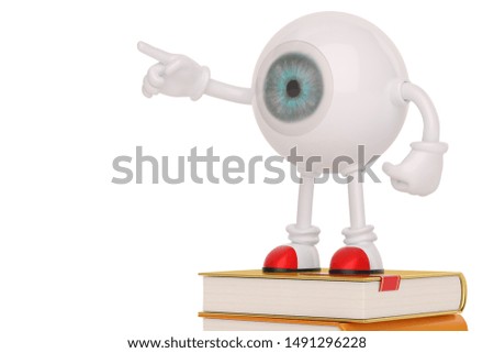 Eyeball  character and books isolated on white background. 3D illustration.
