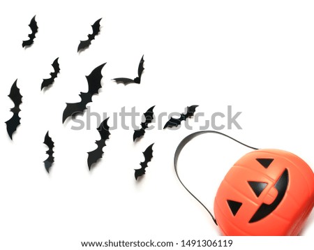 Halloween orange pumpkin bucket with flying black bats over white background, Halloween decoration concept. 