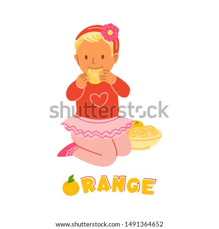 Little kid girl eating orange flat vector illustration with text. European latin child, toddler cartoon character. Healthy nutrition, vitamins for children, organic food isolated design element