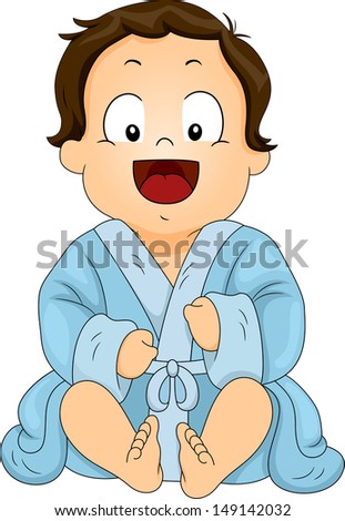 Illustration a Smiling Boy Wearing a Blue Bathrobe