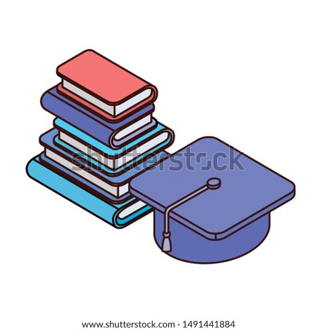 stack of books with graduation hat on white background