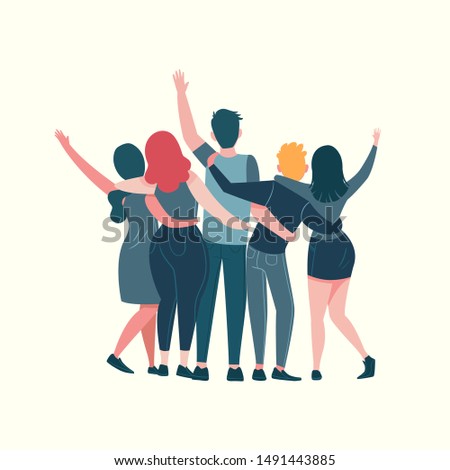 Happy Friendship Day Greeting Card with Group of Friends hugging each other and happy together for special event celebration. Royalty-Free Stock Photo #1491443885