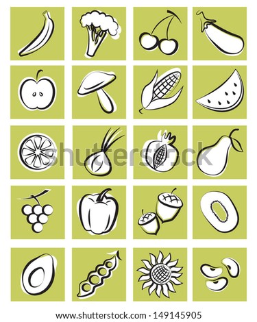 Vector illustration of a set of fruits and vegetables in graphic style for cook books, recipes or scrap-booking 