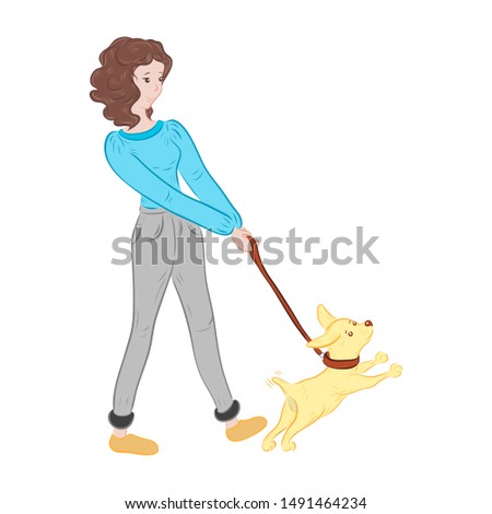 walking a man with a dog on a leash, drawn in cartoon style.
