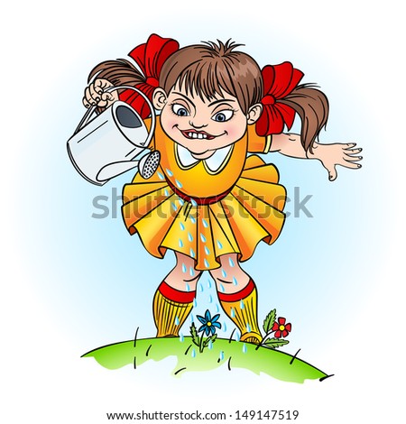 Cartoon Little girl with Watering Can. Illustration on white background