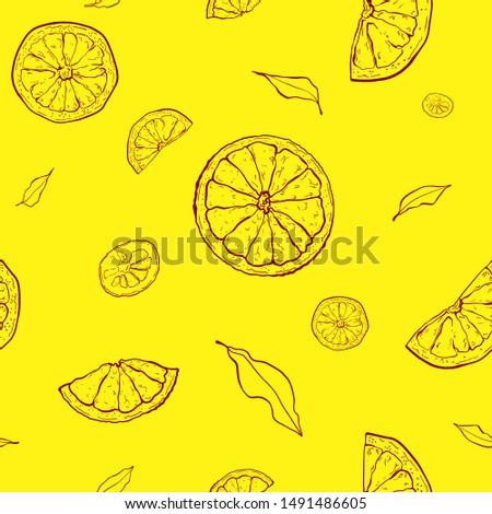 Ink sketch oranges on a yellow background. Citrus fruit background. Oranges seamless pattern. Elements for menu, greeting cards, wrapping paper, cosmetics packaging, posters.