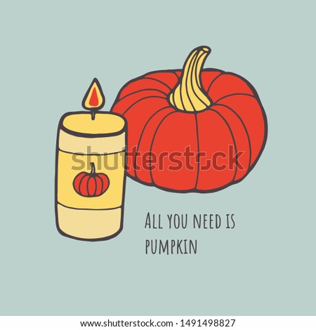 Fall pumpkin candle clipart. Pumpkin autumn decoration clip art. Orange, grayish blue and red.