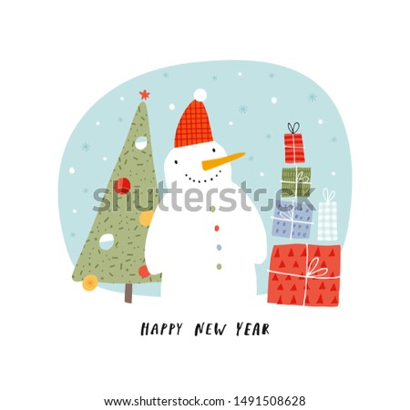 Card with snowman, Christmas tree and sled: Happy New Year. Vector illustration in red and blue for Christmas posters, cards, gift tags.  