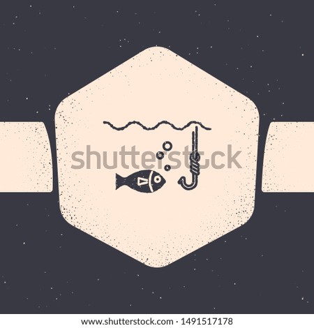 Grunge Fishing hook under water with fish icon isolated on grey background. Fishing tackle. Monochrome vintage drawing. Vector Illustration