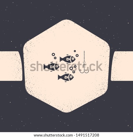 Grunge Fishing hook under water with fish icon isolated on grey background. Fishing tackle. Monochrome vintage drawing. Vector Illustration
