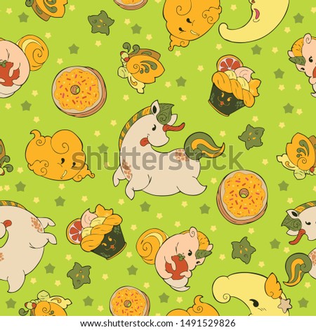 Unicorn Fairy doughnut cupcake fantasy doodle Kawaii cartoons Seamless pattern vector with Lemon yellow green tone and green background