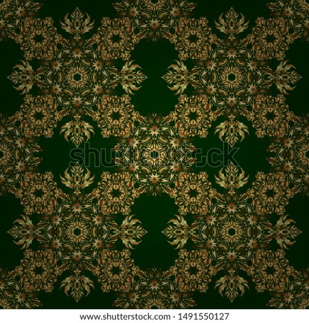 Vector seamless pattern of traditional ornamental background with golden circular mandala, stars and snowflakes elsments on a backdrop.