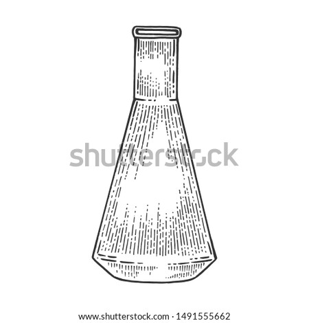 Chemical laboratory flask sketch engraving vector illustration. Scratch board style imitation. Black and white hand drawn image.