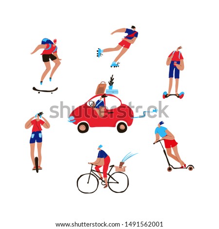 Personal eco friendly alternative transportation vehicles set collection.  Guys riding modern electric scooter, car, bicycle, skateboard, hoverboard, roller. Isolated vector illustration.