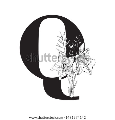 Vector Graphic Floral Alphabet - letter Q with black & white inked flowers bouquet composition. Unique collection for wedding invites decoration, logo, baby shower, birthday & many other concept ideas