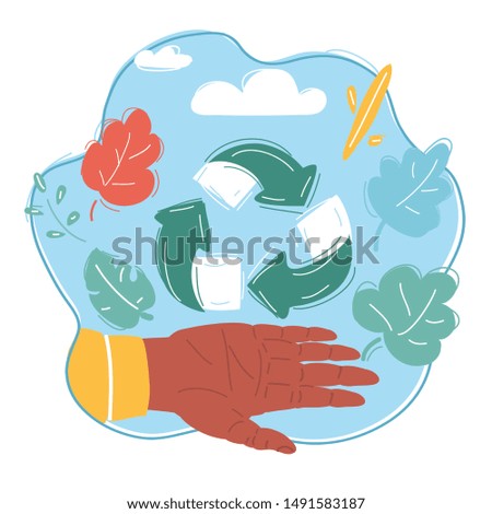 Cartoon vector illustration of Green triangular eco recycle icons on human palm.
