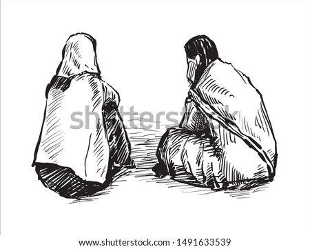 Two India woman are sitting and talking in Varanasi, hand draw sketch 