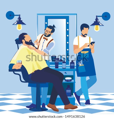 Barber Styling Client Beard in Men Beauty Salon Barbershop. Hipster Grooming Place, Interior Design with Chairs, Desk, Mirror, Cosmetics, Decoration and Furniture. Cartoon Flat Vector Illustration